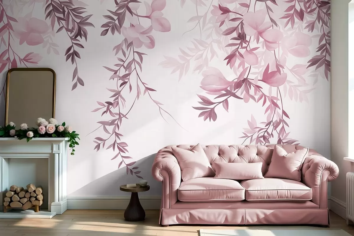 wall murals Висеће гране врбе и нежно цветајуће цвеће у пригушеним ружичастим тоновима w10081v1