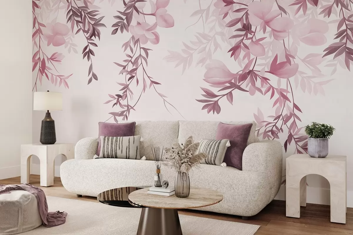 wall murals Висеће гране врбе и нежно цветајуће цвеће у пригушеним ружичастим тоновима w10081v1