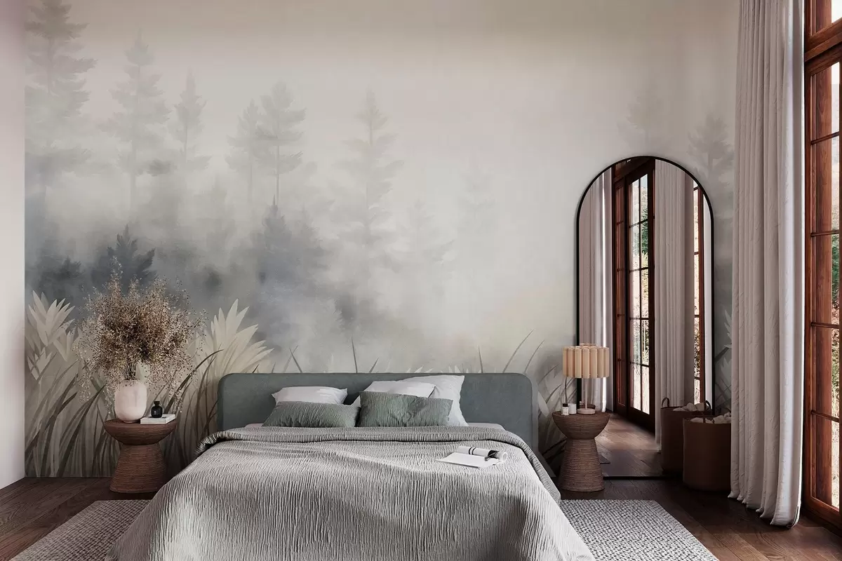 wall murals Пејзаж са високом дивљом травом и боровом шумом, минималистички текстурирани стил w10082