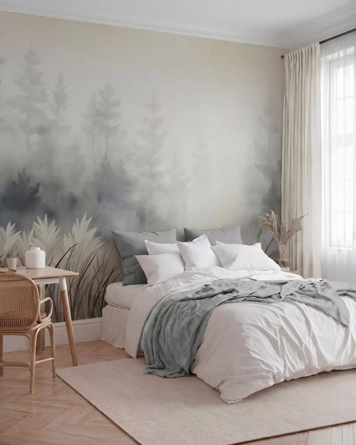 wall murals Пејзаж са високом дивљом травом и боровом шумом, минималистички текстурирани стил w10082