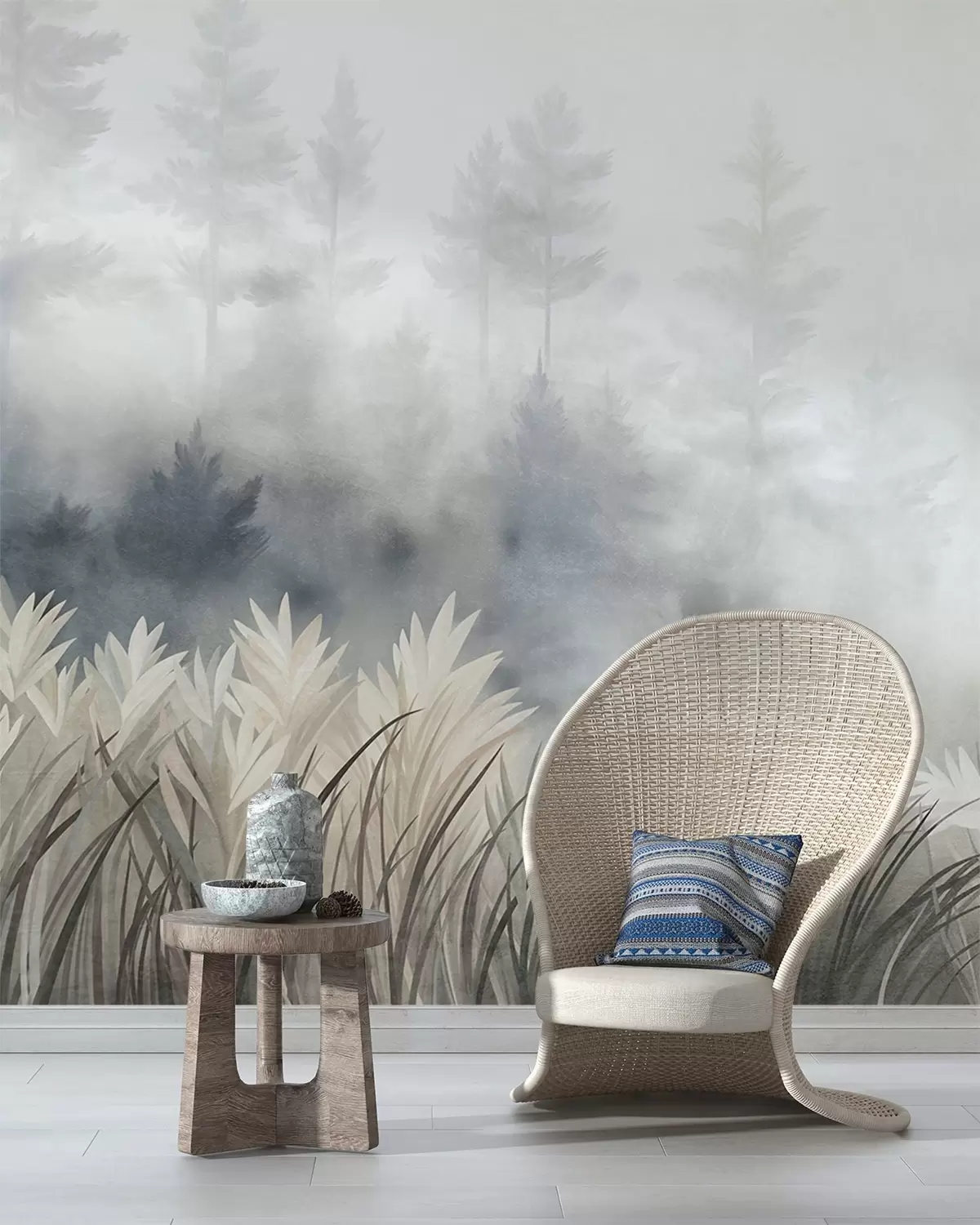 wall murals Пејзаж са високом дивљом травом и боровом шумом, минималистички текстурирани стил w10082