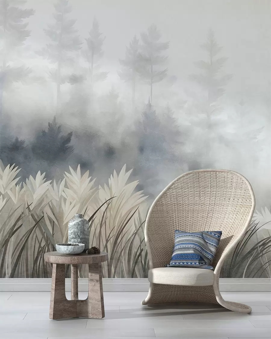 wall murals Пејзаж са високом дивљом травом и боровом шумом, минималистички текстурирани стил w10082