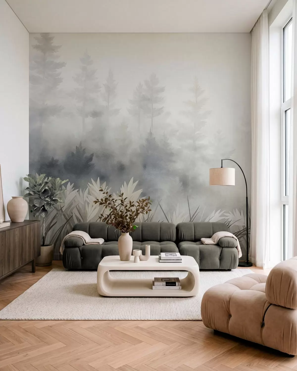 wall murals Пејзаж са високом дивљом травом и боровом шумом, минималистички текстурирани стил w10082