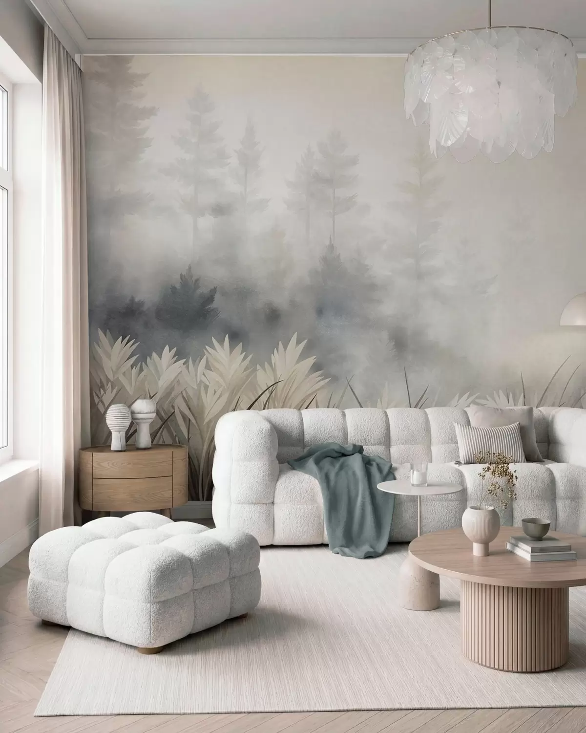 wall murals Пејзаж са високом дивљом травом и боровом шумом, минималистички текстурирани стил w10082