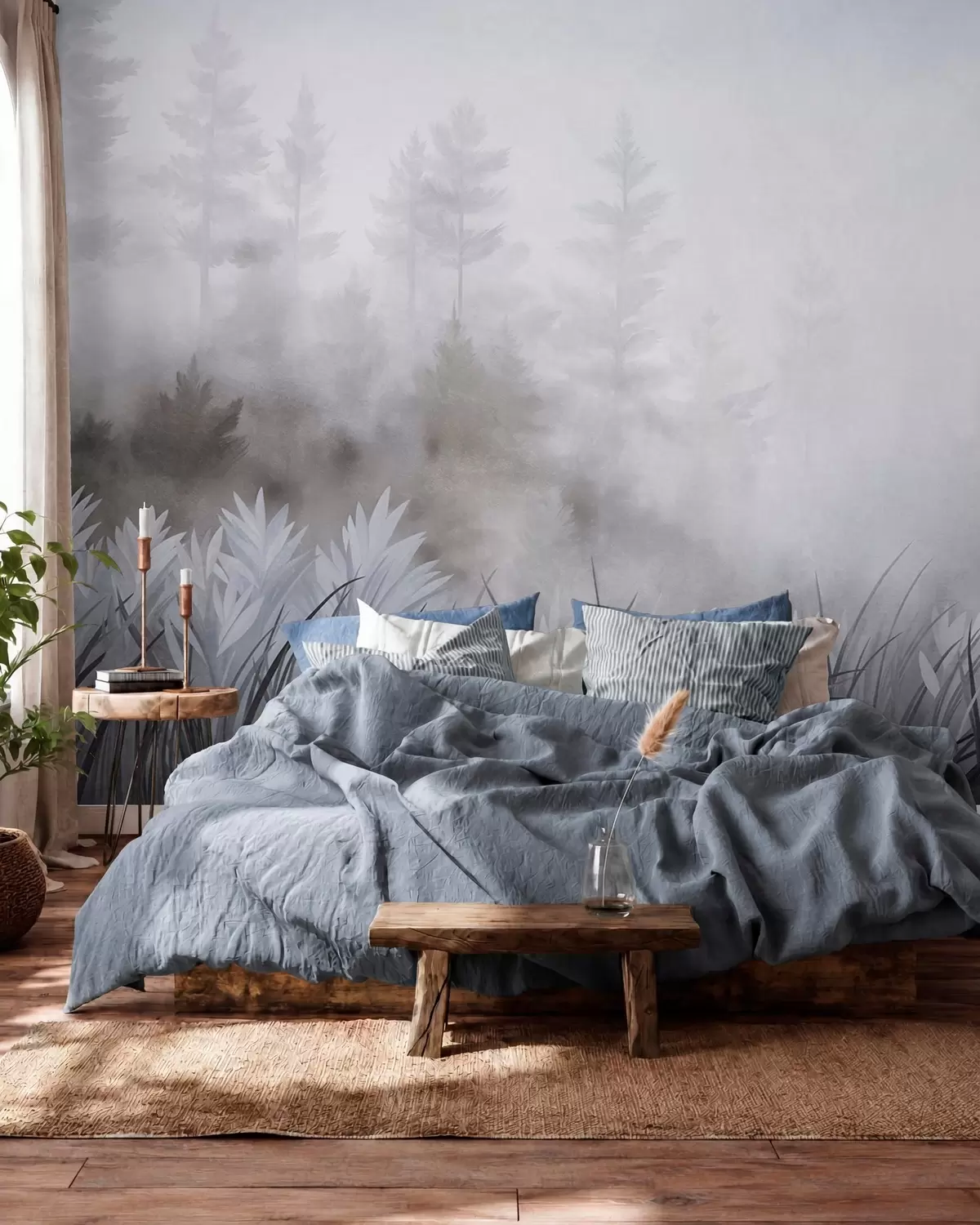 wall murals Пејзаж са високом дивљом травом и боровом шумом, минималистички текстурирани стил w10082v1