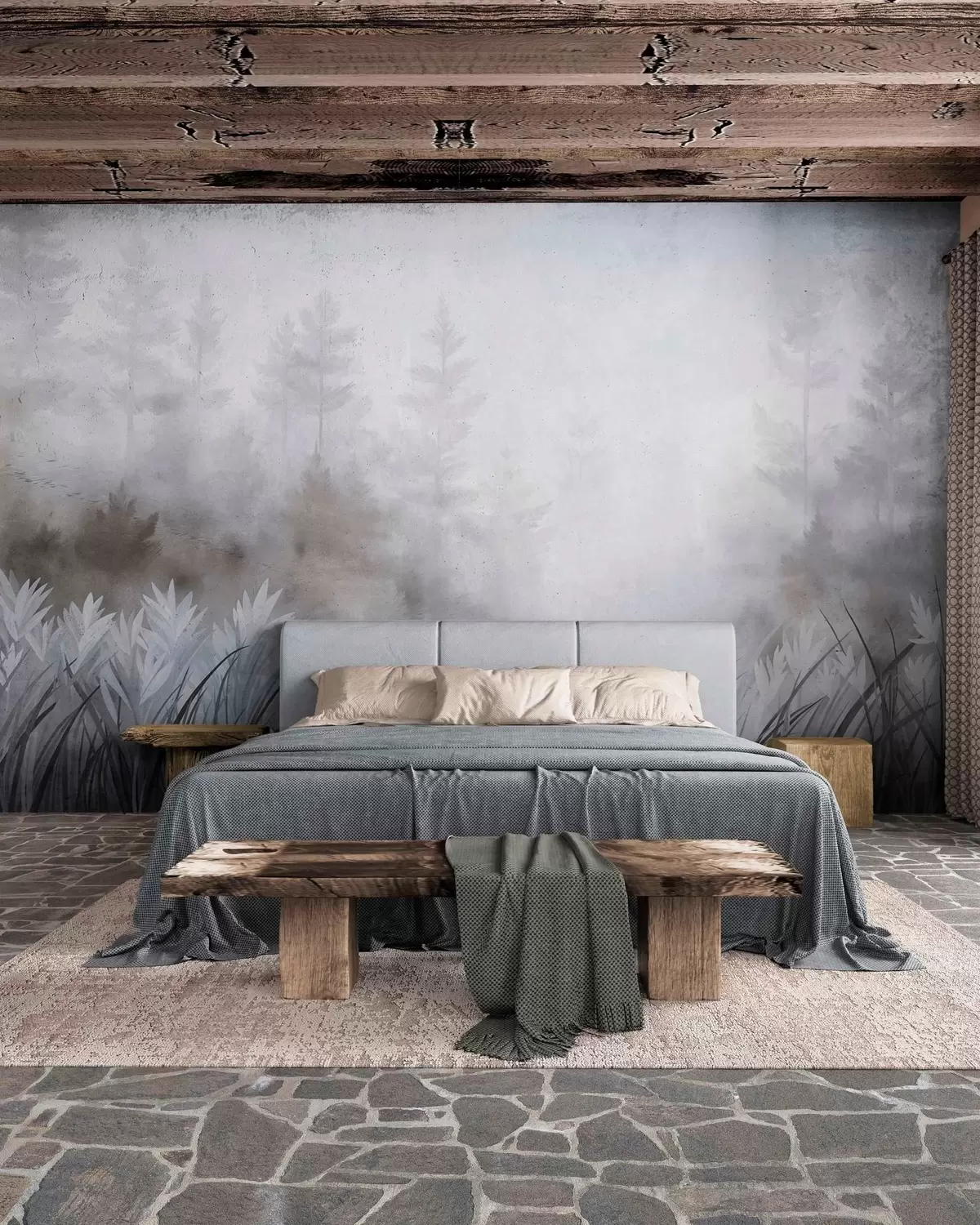 wall murals Пејзаж са високом дивљом травом и боровом шумом, минималистички текстурирани стил w10082v1