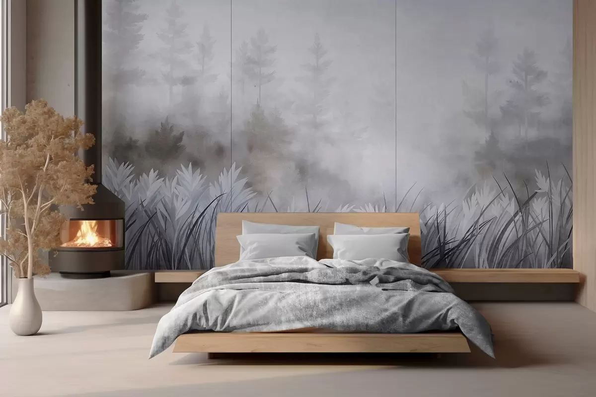 wall murals Пејзаж са високом дивљом травом и боровом шумом, минималистички текстурирани стил w10082v1