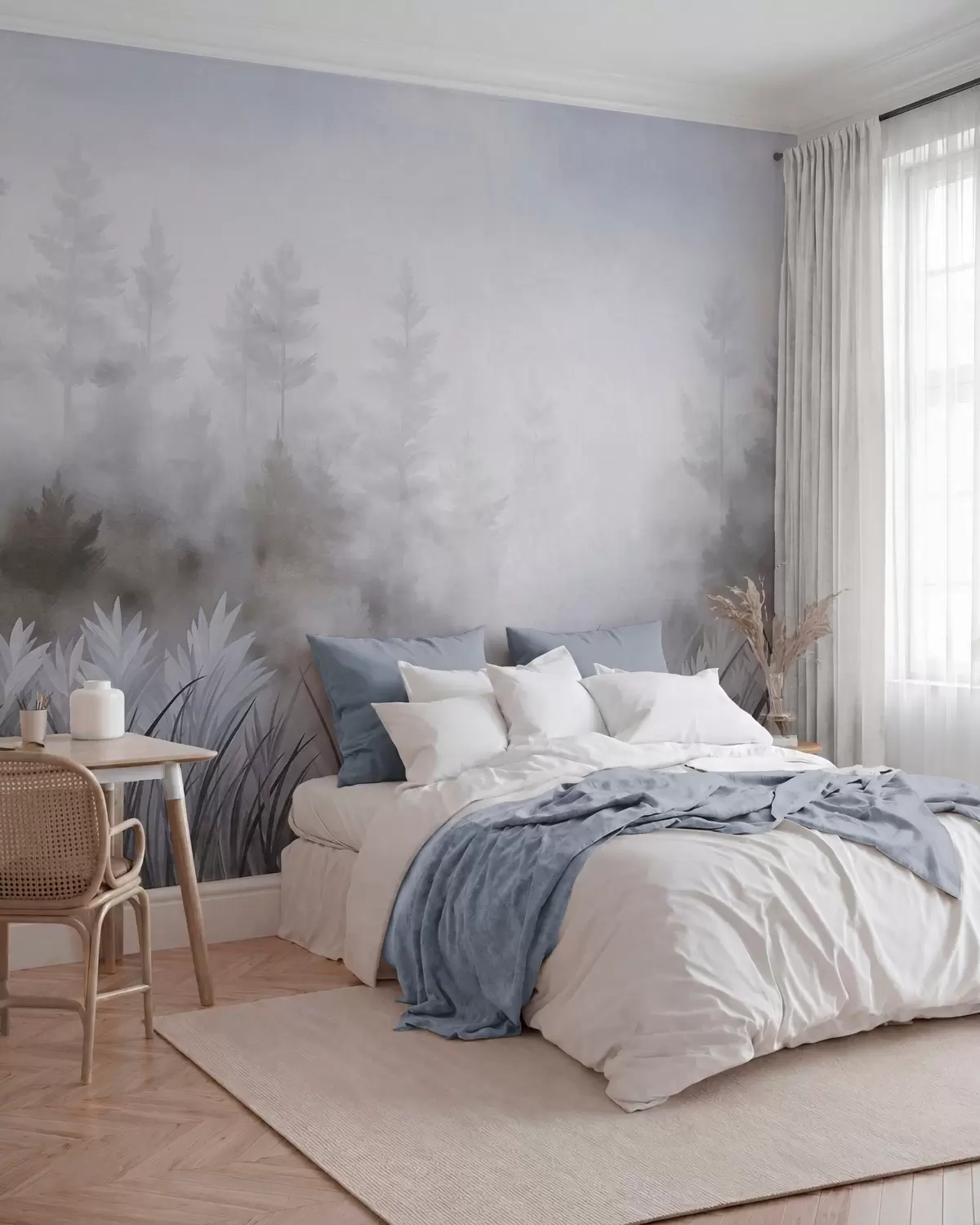 wall murals Пејзаж са високом дивљом травом и боровом шумом, минималистички текстурирани стил w10082v1