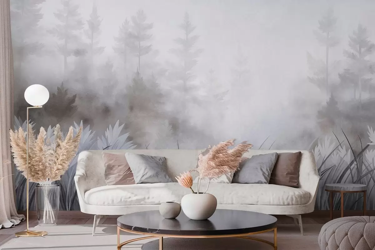 wall murals Пејзаж са високом дивљом травом и боровом шумом, минималистички текстурирани стил w10082v1