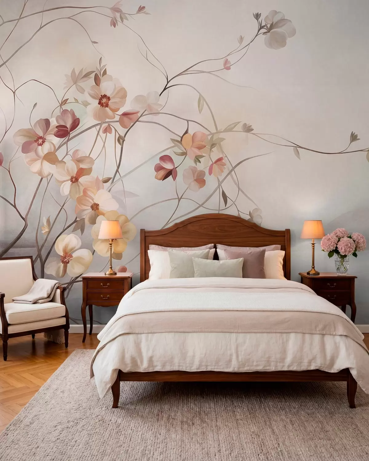 wall murals Вијугаве лозе са нежним цветовима боје брескве и крема w10083