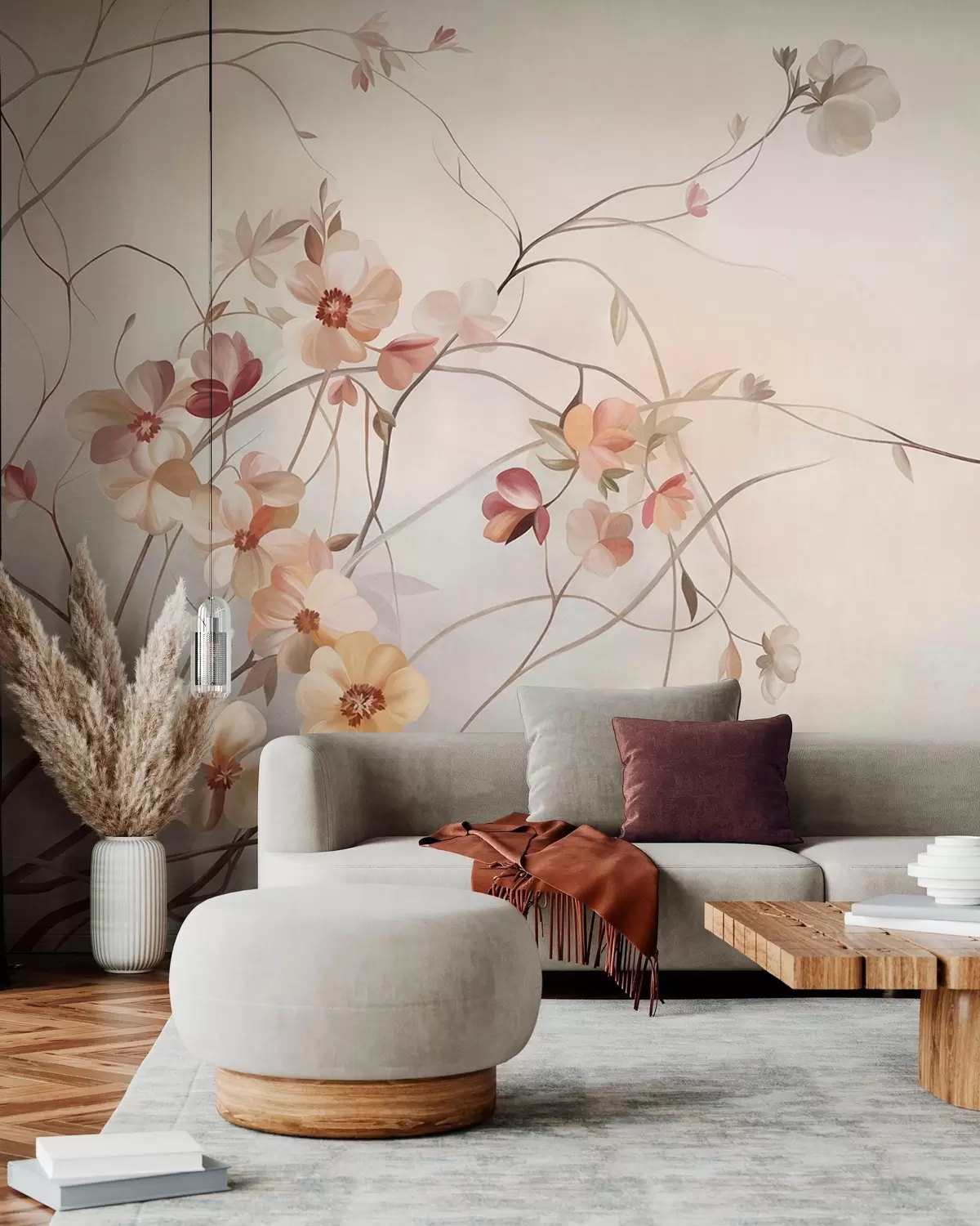wall murals Вијугаве лозе са нежним цветовима боје брескве и крема w10083