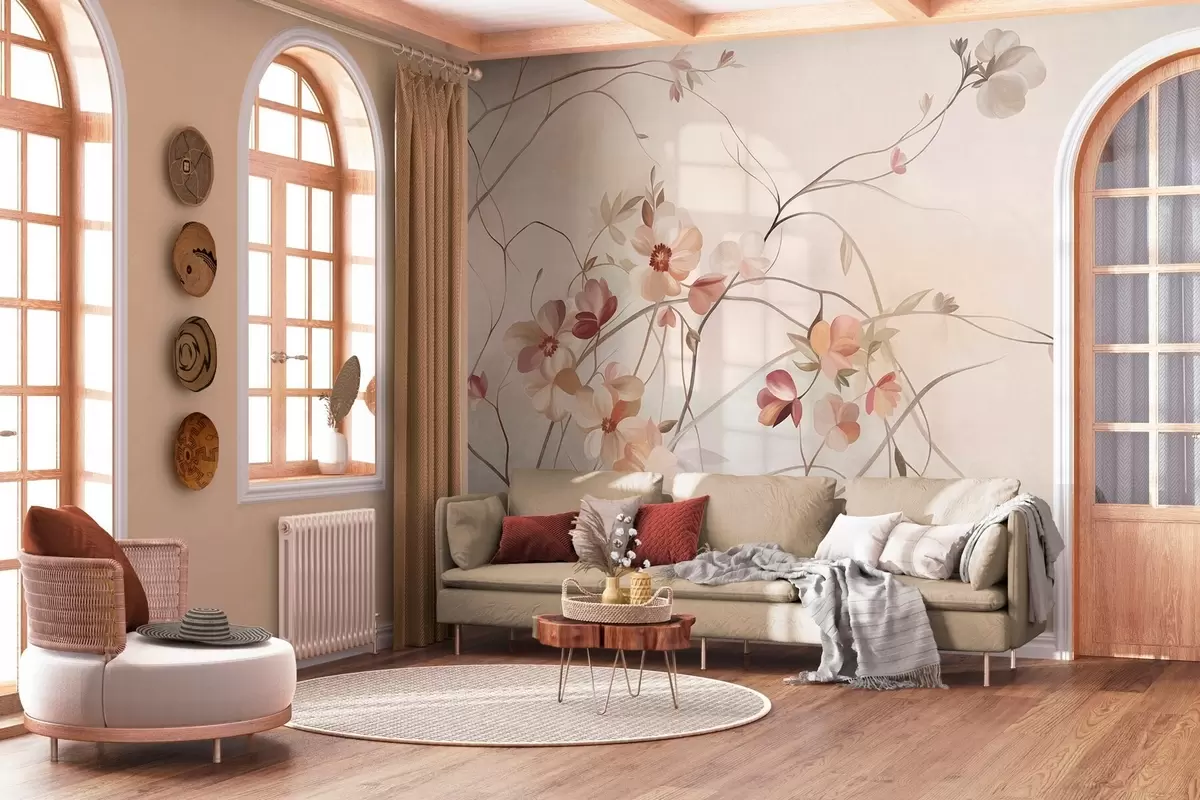 wall murals Вијугаве лозе са нежним цветовима боје брескве и крема w10083