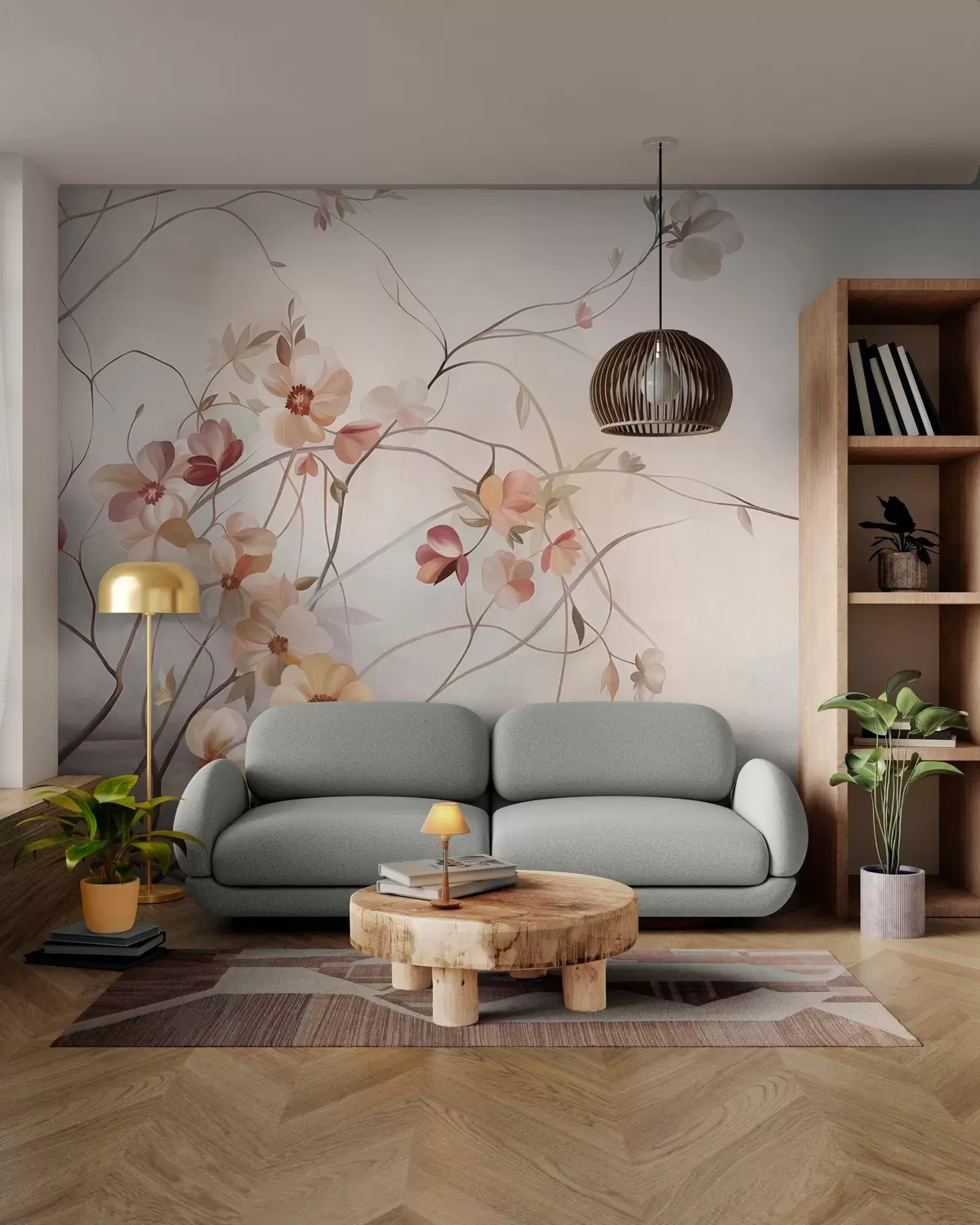 wall murals Вијугаве лозе са нежним цветовима боје брескве и крема w10083