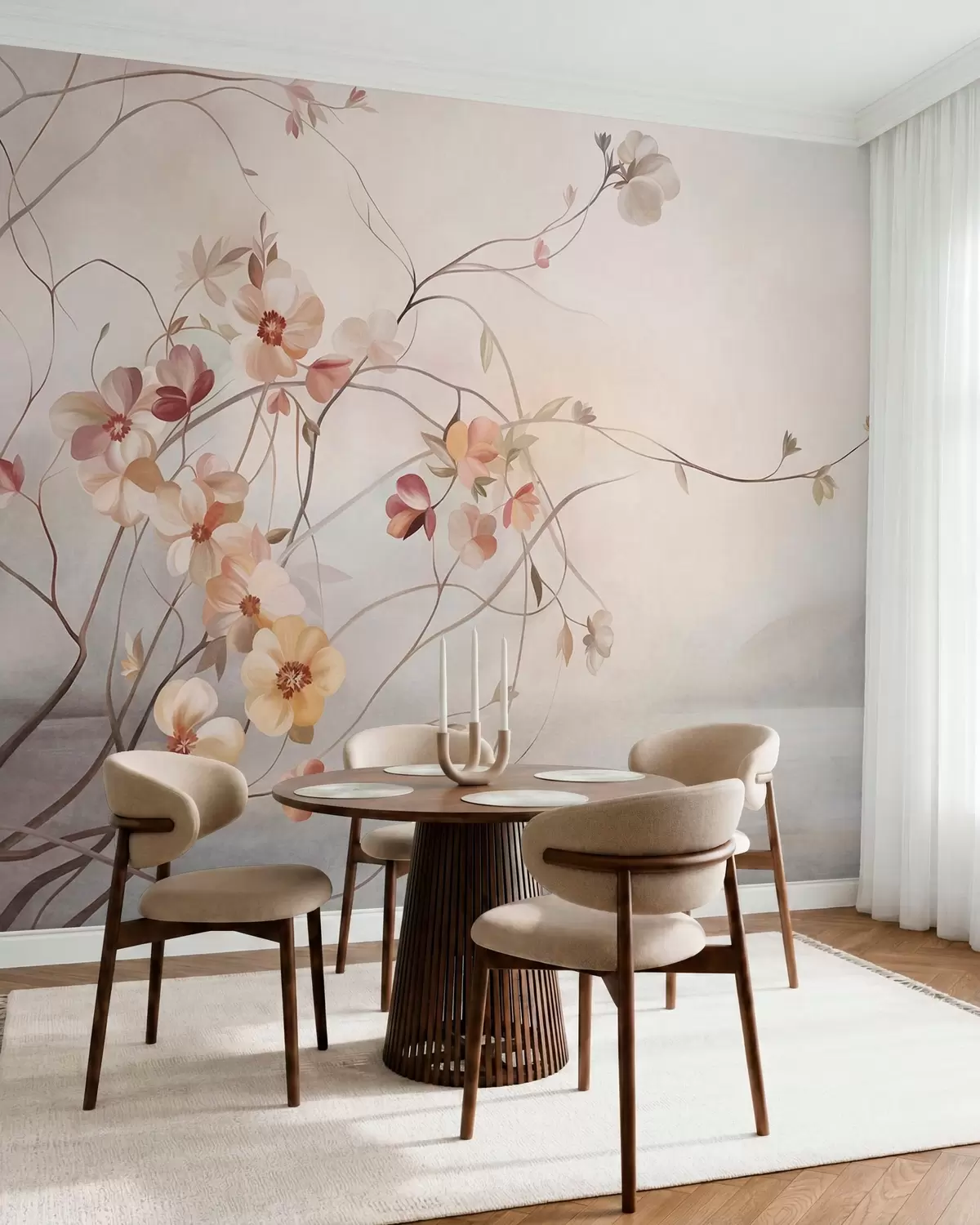 wall murals Вијугаве лозе са нежним цветовима боје брескве и крема w10083
