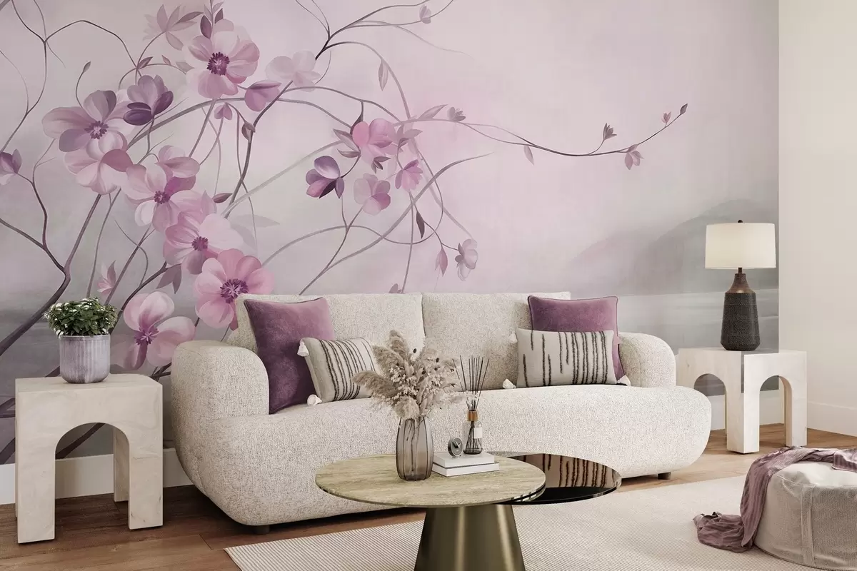 wall murals Вијугаве лозе са нежним пригушеним ружичастим цветовима w10083v1