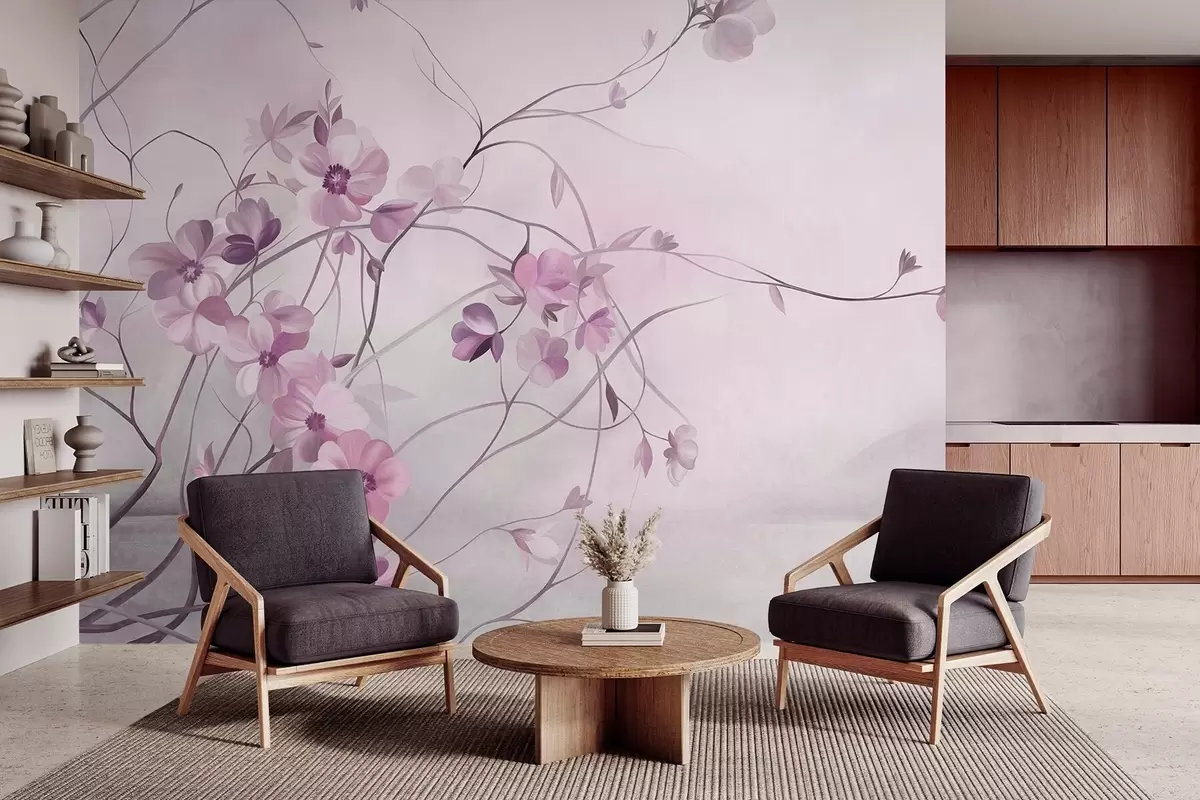 wall murals Вијугаве лозе са нежним пригушеним ружичастим цветовима w10083v1