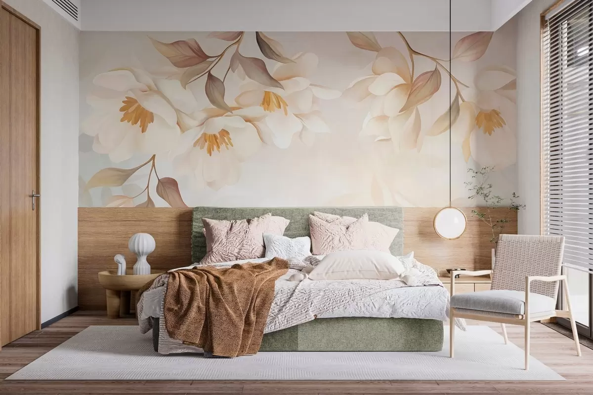 wall murals Цветови магнолије са нежним смеђим листовима који висе са грана w10086