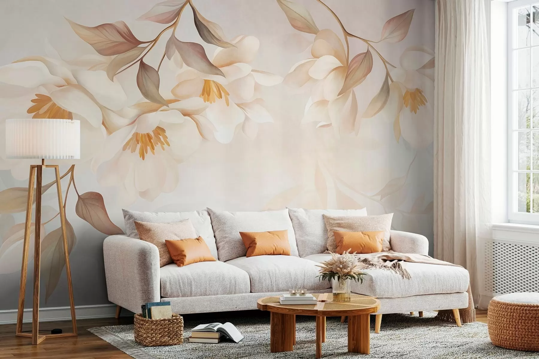 wall murals Цветови магнолије са нежним смеђим листовима који висе са грана w10086