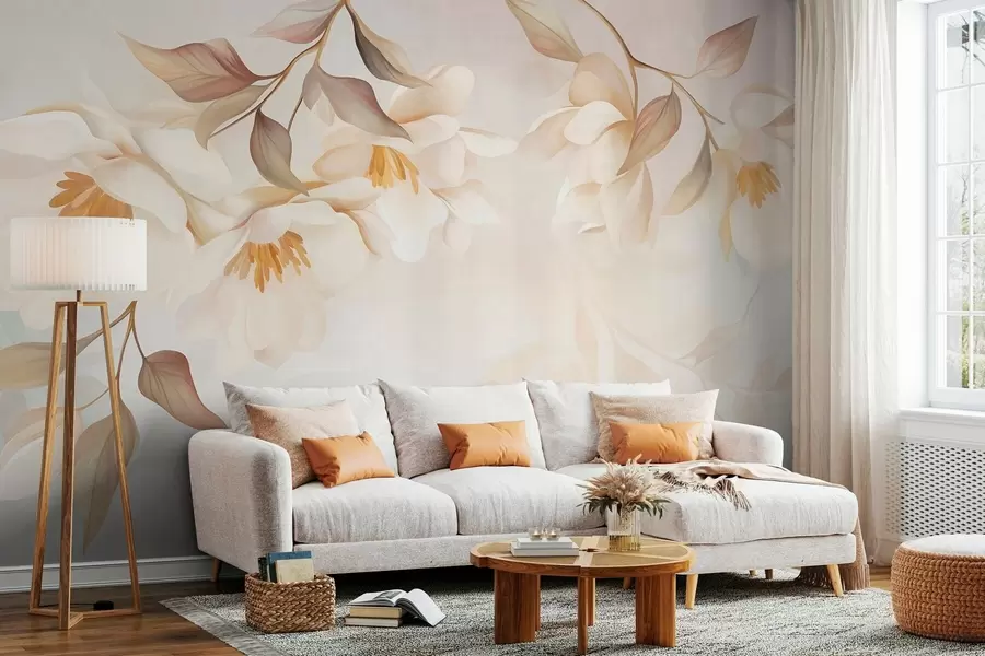 wall murals Цветови магнолије са нежним смеђим листовима који висе са грана w10086