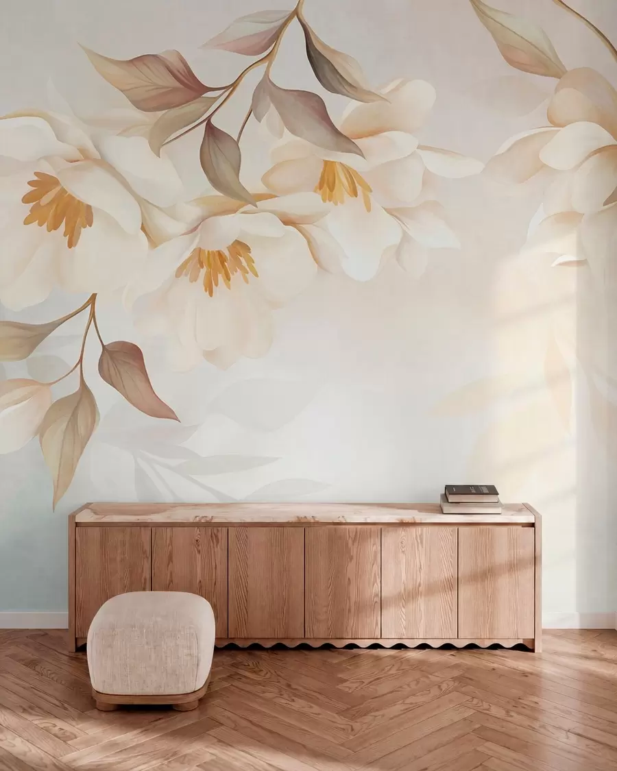 wall murals Цветови магнолије са нежним смеђим листовима који висе са грана w10086