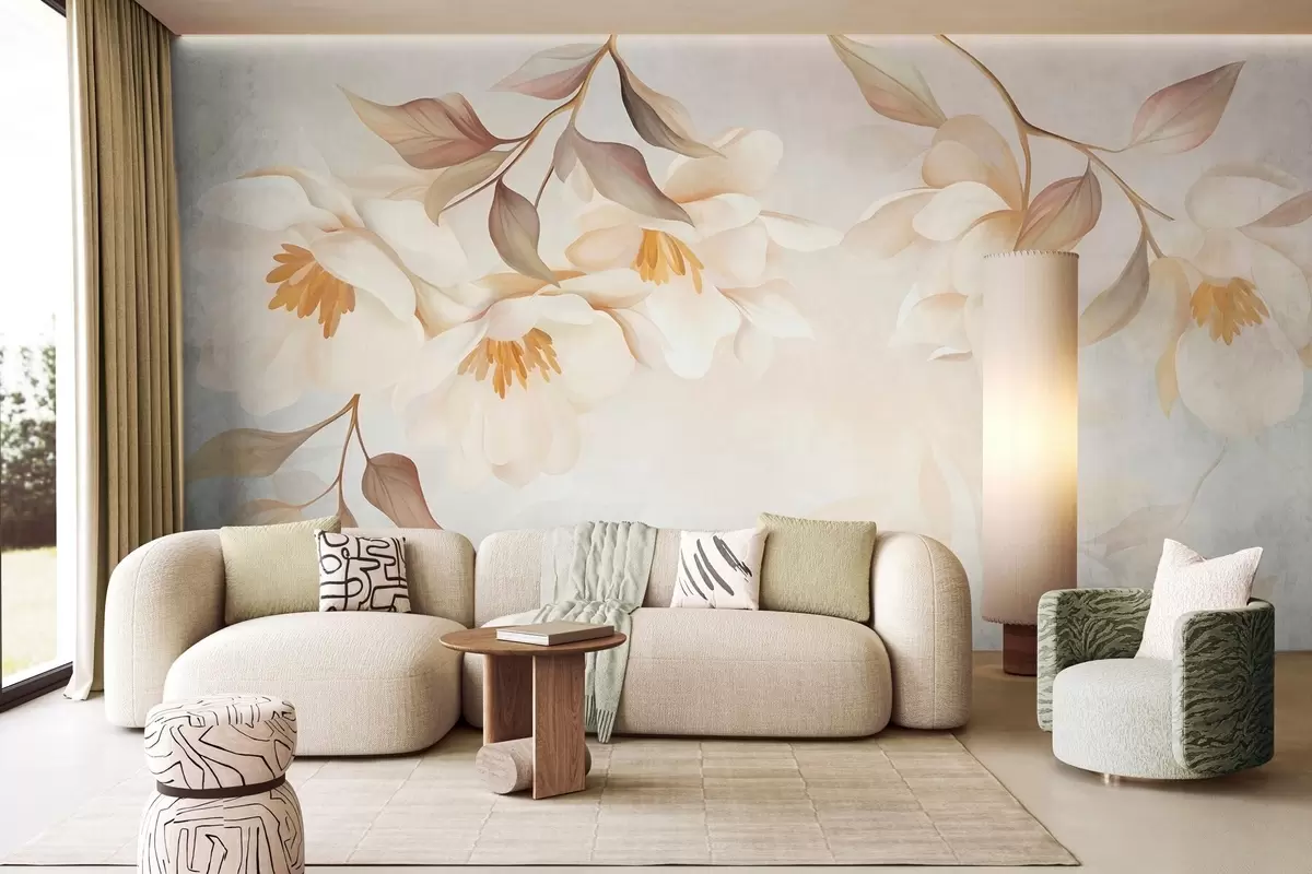 wall murals Цветови магнолије са нежним смеђим листовима који висе са грана w10086