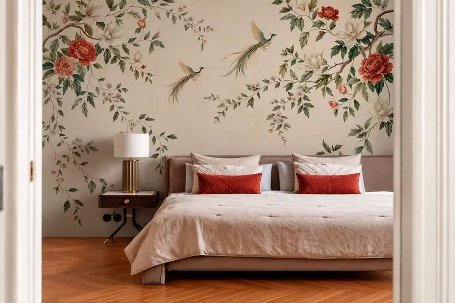 wall murals Цветне гране и рајске птице на кремастој позадини w05955