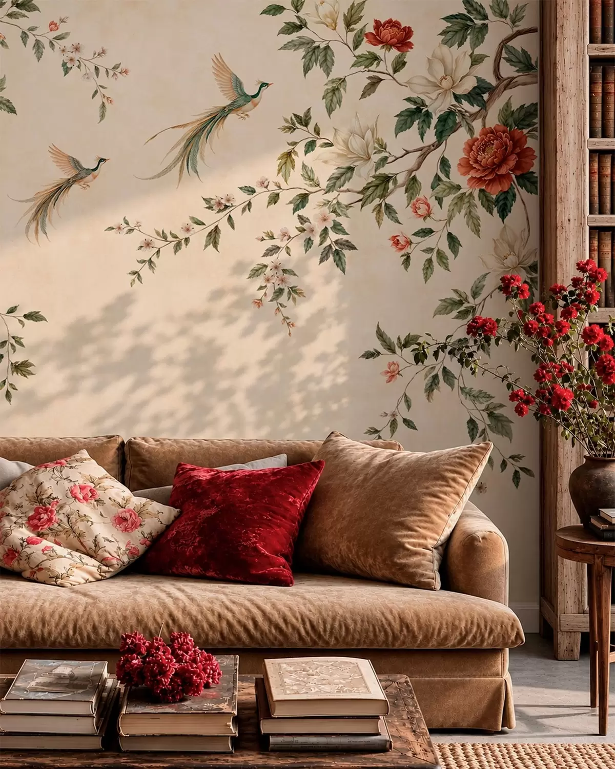 wall murals Цветне гране и рајске птице на кремастој позадини w05955