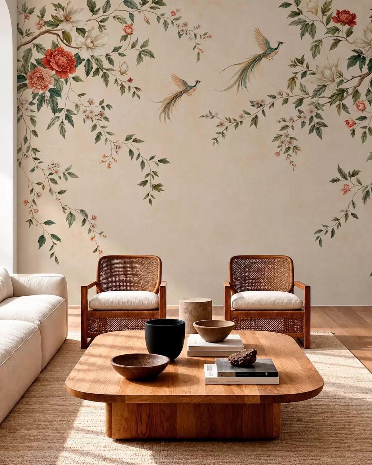 wall murals Цветне гране и рајске птице на кремастој позадини w05955