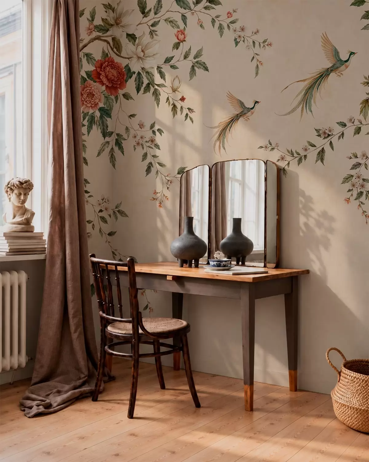 wall murals Цветне гране и рајске птице на кремастој позадини w05955