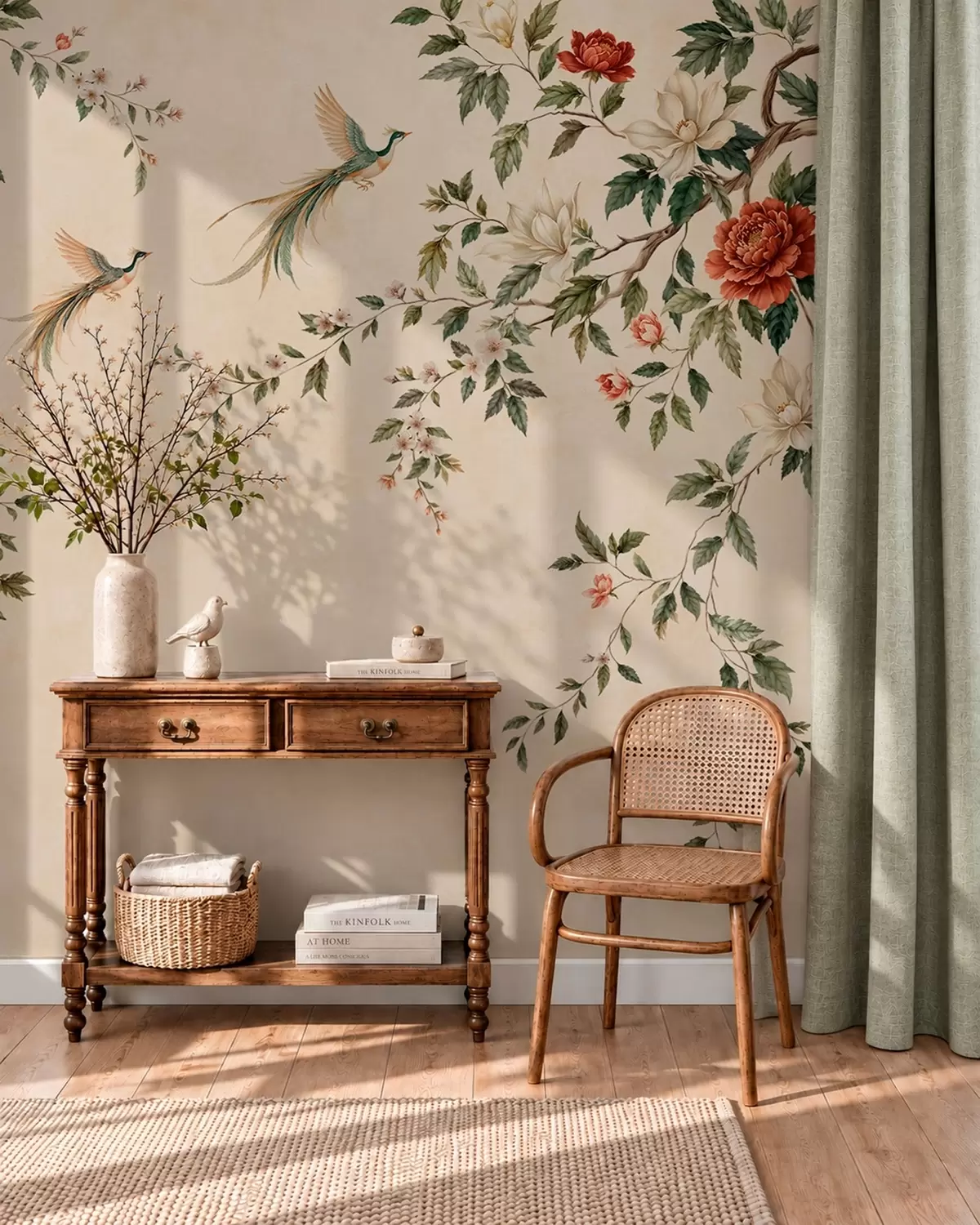 wall murals Цветне гране и рајске птице на кремастој позадини w05955