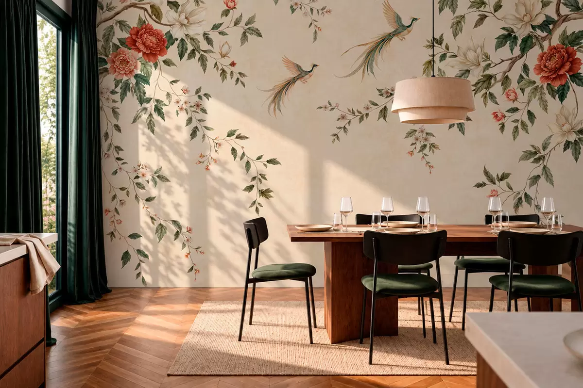 wall murals Цветне гране и рајске птице на кремастој позадини w05955