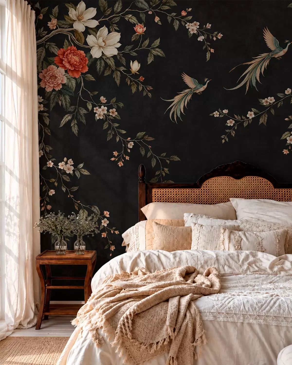 wall murals Цветне гране и егзотичне птице на тамној позадини w05955v1