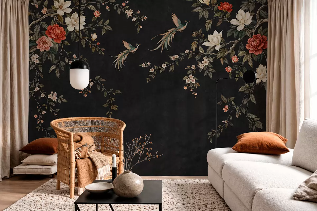 wall murals Цветне гране и егзотичне птице на тамној позадини w05955v1