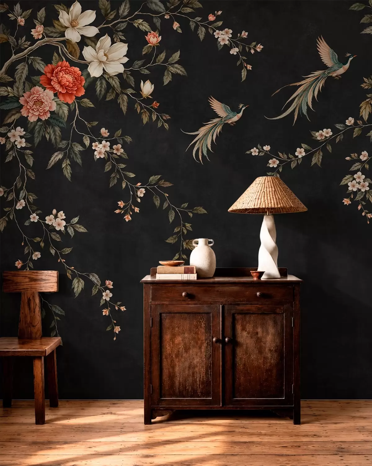 wall murals Цветне гране и егзотичне птице на тамној позадини w05955v1
