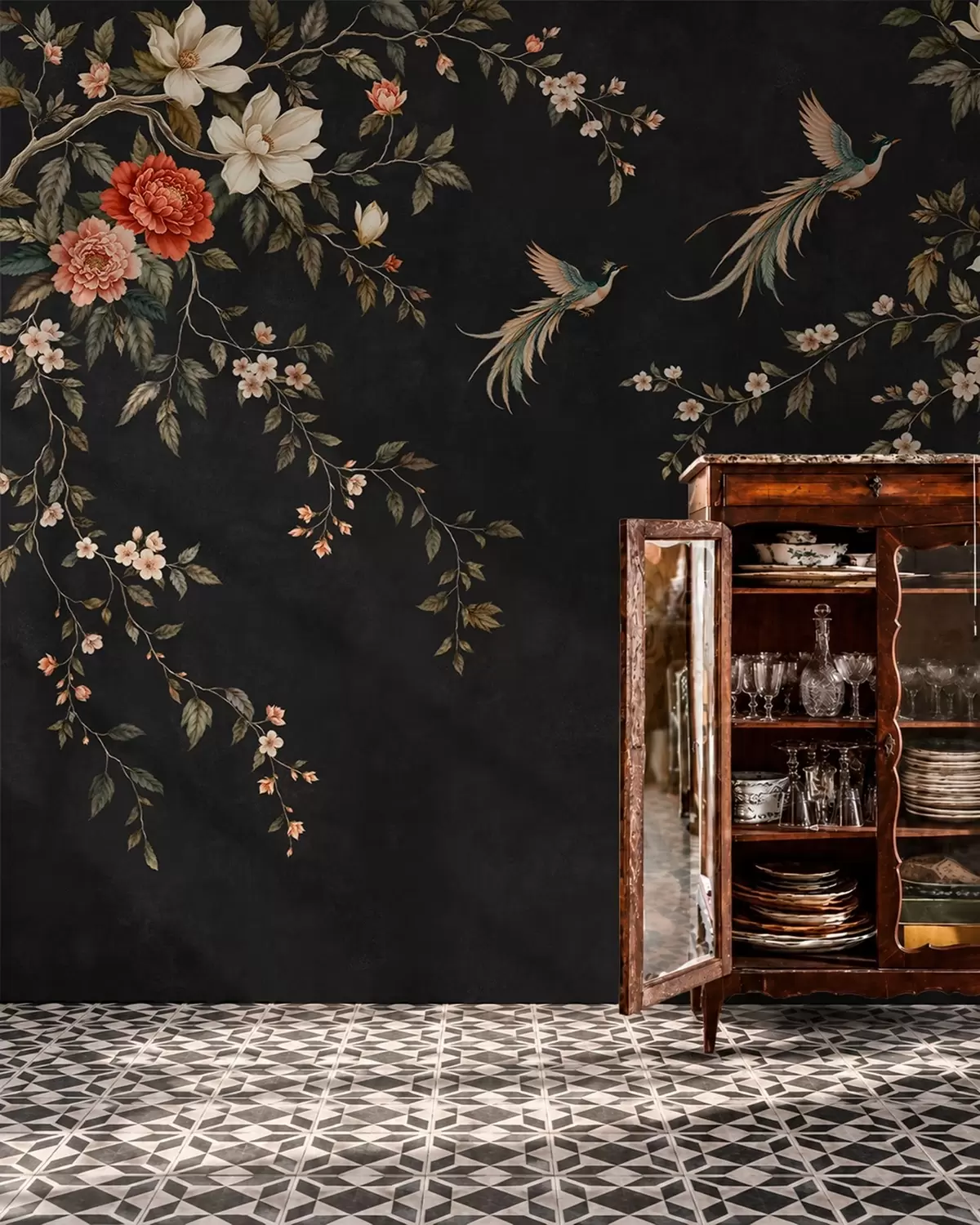 wall murals Цветне гране и егзотичне птице на тамној позадини w05955v1