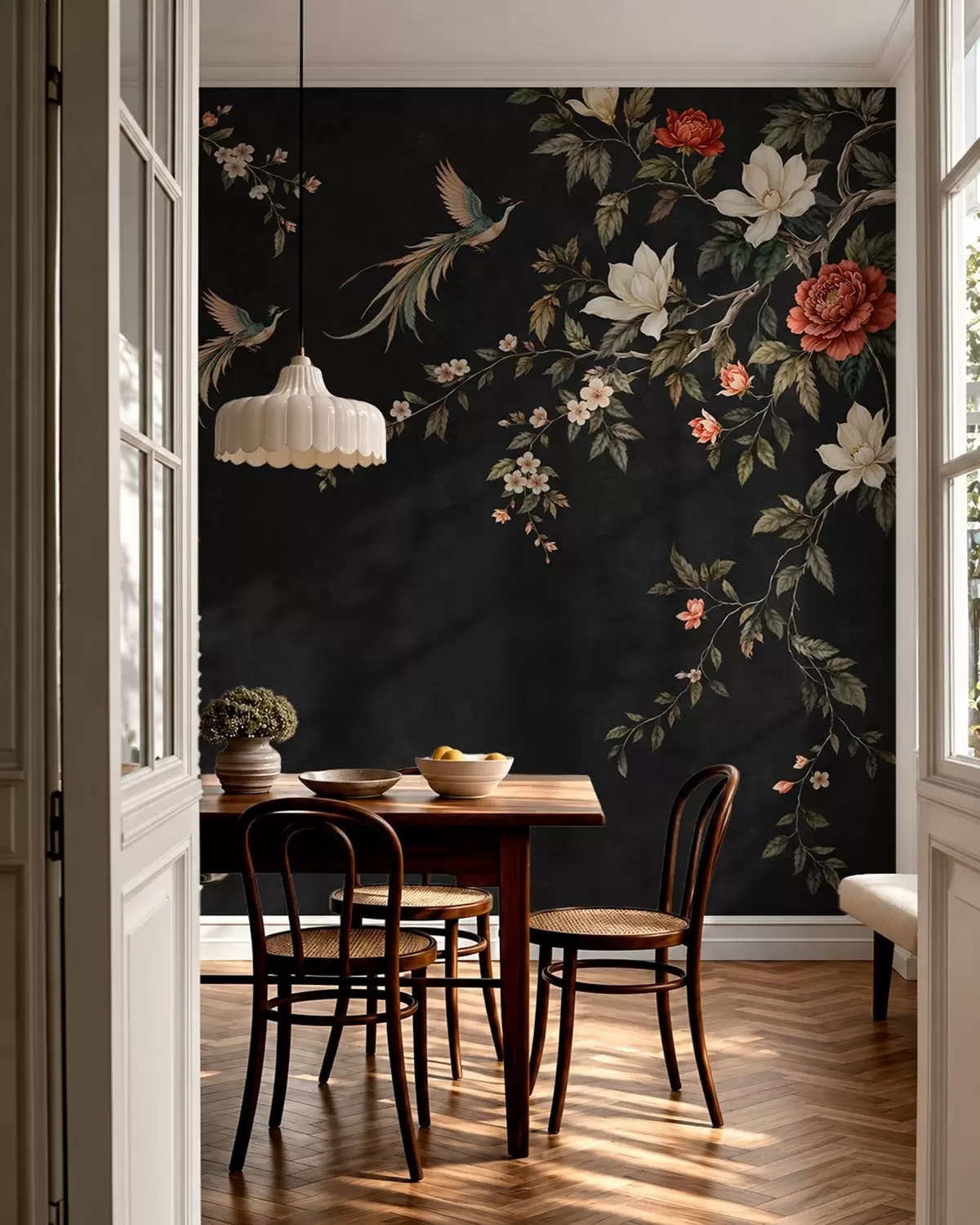 wall murals Цветне гране и егзотичне птице на тамној позадини w05955v1