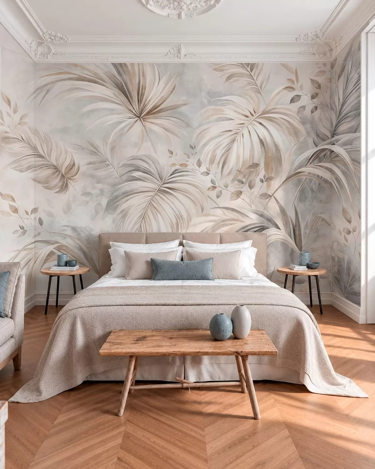 wall murals Тропско лишће у меким беж и сивим тоновима w05956