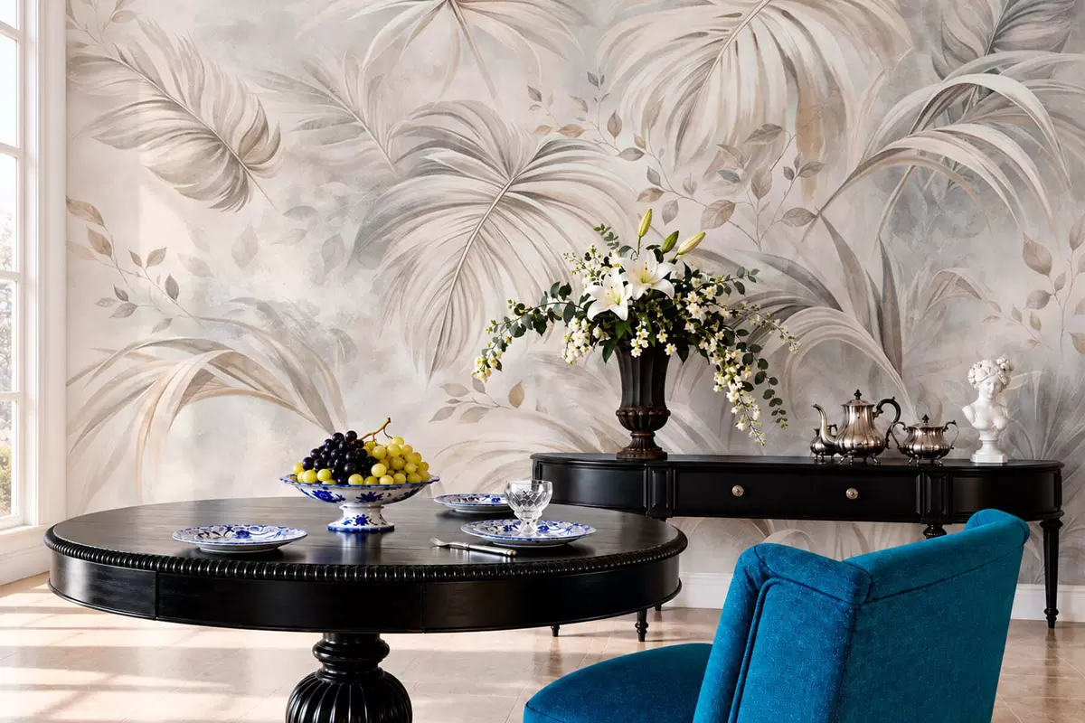 wall murals Тропско лишће у меким беж и сивим тоновима w05956