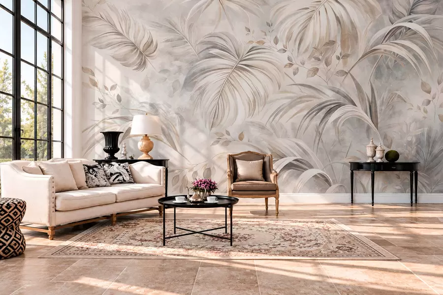 wall murals Тропско лишће у меким беж и сивим тоновима w05956