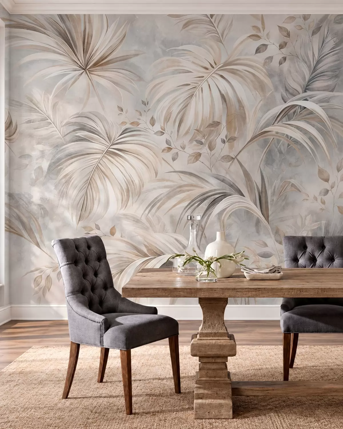 wall murals Тропско лишће у меким беж и сивим тоновима w05956