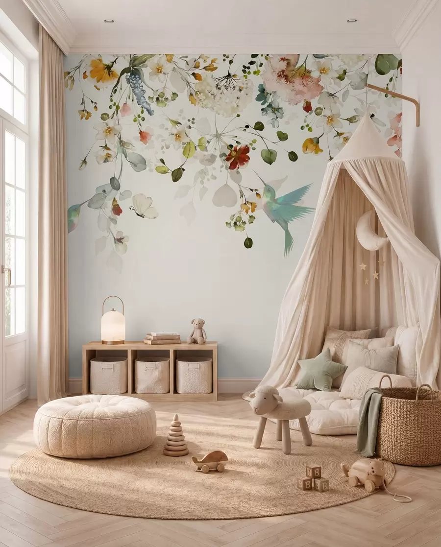 wall murals Kolibriji u cvjetnim granama u59610