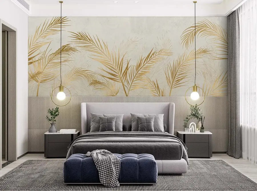 wall murals Жута палмина лисица на сивој позадини, листови папрати u72114