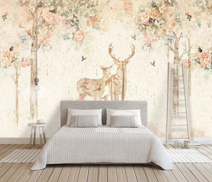 wall murals Јелене силуете у цветајућем врту u18758