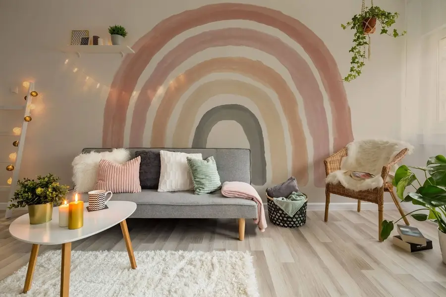 wall murals Бохо Стиле Валлпапер: Цорал Бресква, Пинк Раинбов. Пастел Раинбов Валл Пинк u93566