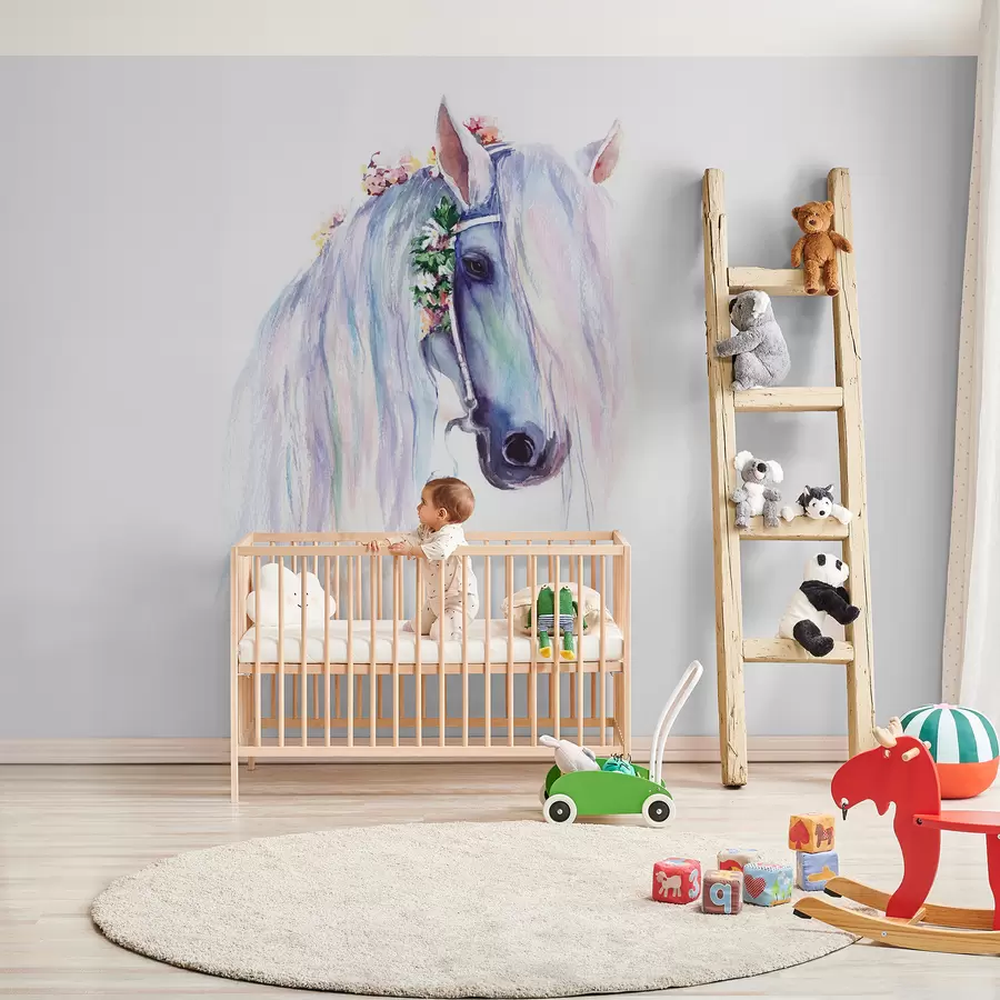 wall murals Плави коњ са цвећем у мани u93591