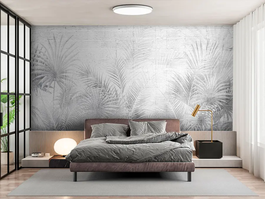 wall murals Црно-бели зид грунге са тропским листовима u74401