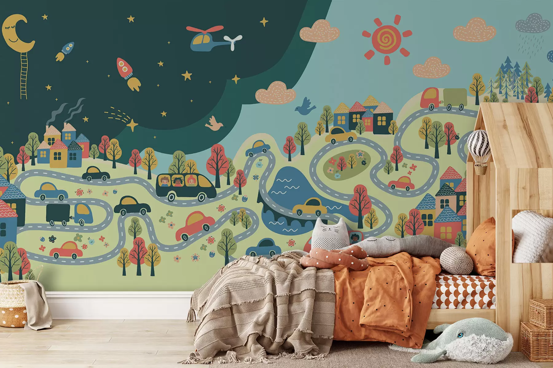 wall murals Дан, ноћ са живахним градским животом u93830