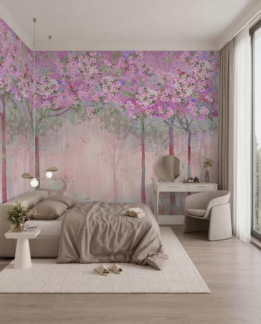 wall murals Jelen u ružičastoj šumi u62100v3