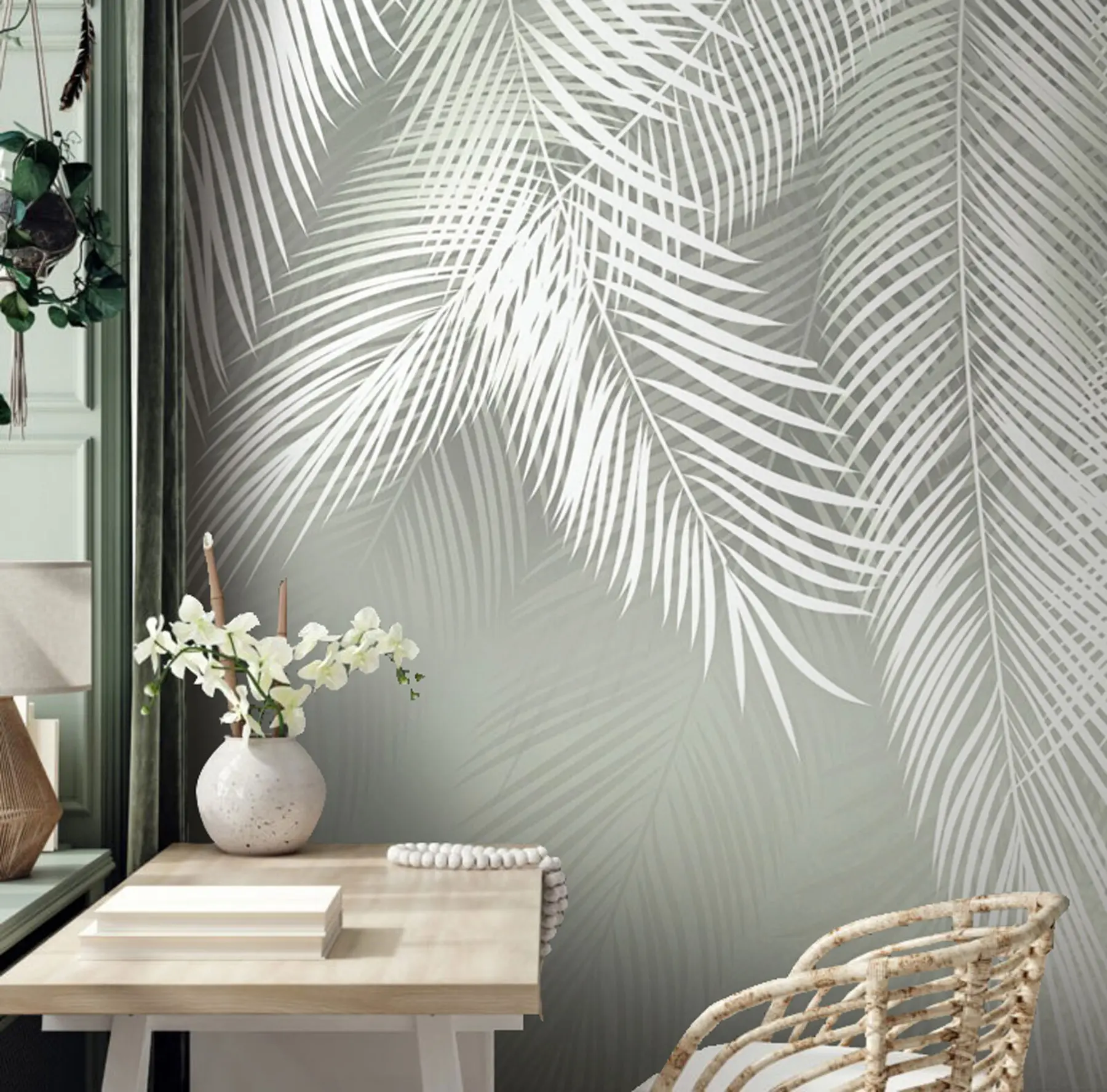 wall murals Бели дланови грана на зеленој позадини u74489