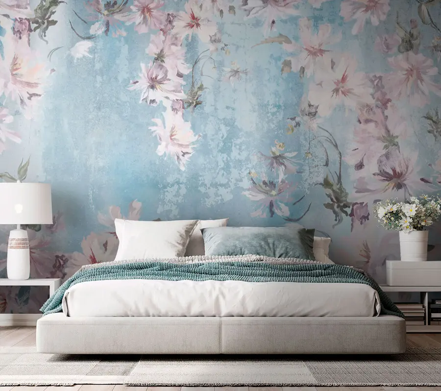 wall murals Бело цвеће и гране на плавој позадини u74733